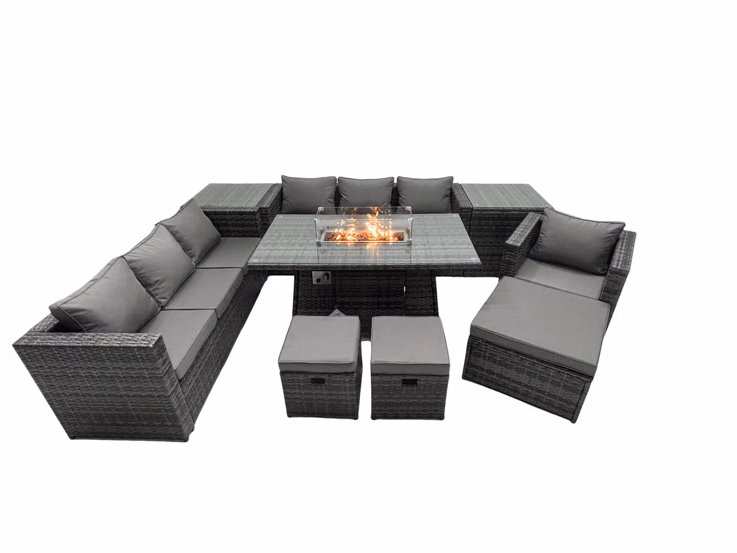 Fimous 10 Seater Rattan Garden Furniture Firepit Dining Set with Lounge Sofa, Table, 2 Side Tables and 3 Footstools in Dark Grey – 2