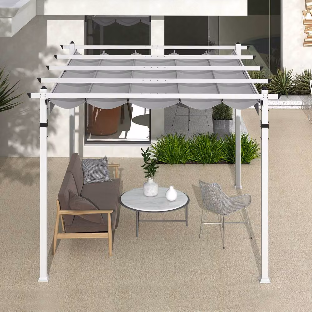 Costway Grey Outdoor Pergola with Retractable Polyester Canopy, W: 368 cm, D: 305 cm, H: 235 cm – 4