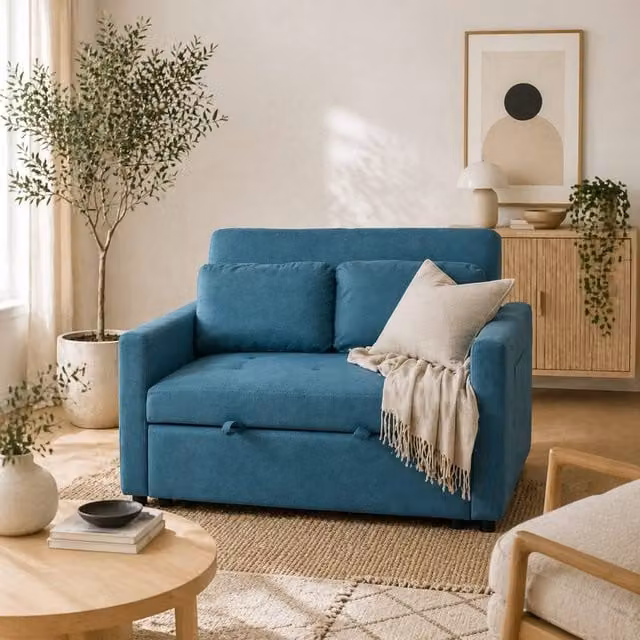 Wyld Haus Codoha Blue 2 Seater Fabric Sofa Bed with Scatter Cushions