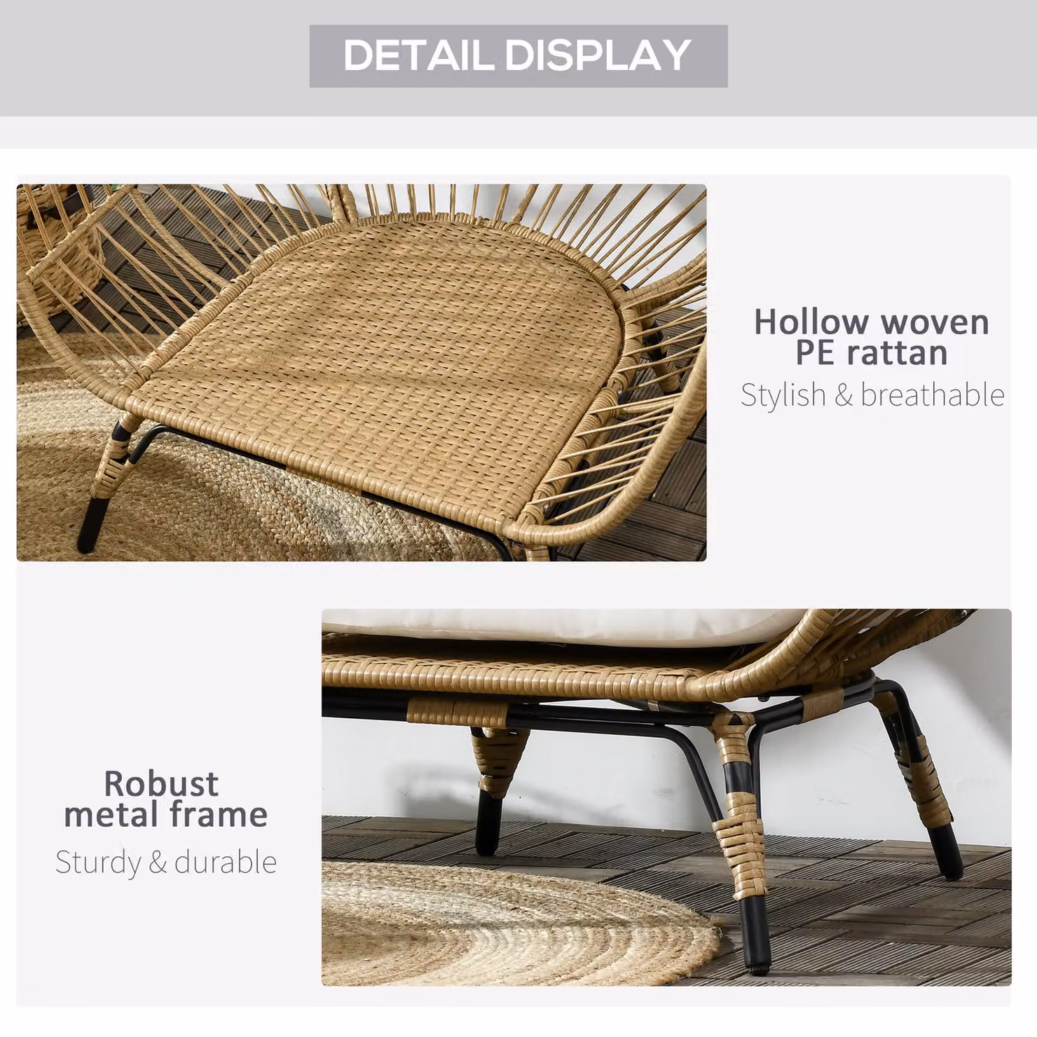 Outsunny Round PE Rattan Outdoor Egg Chair with Padded Cushions, Beige – 3