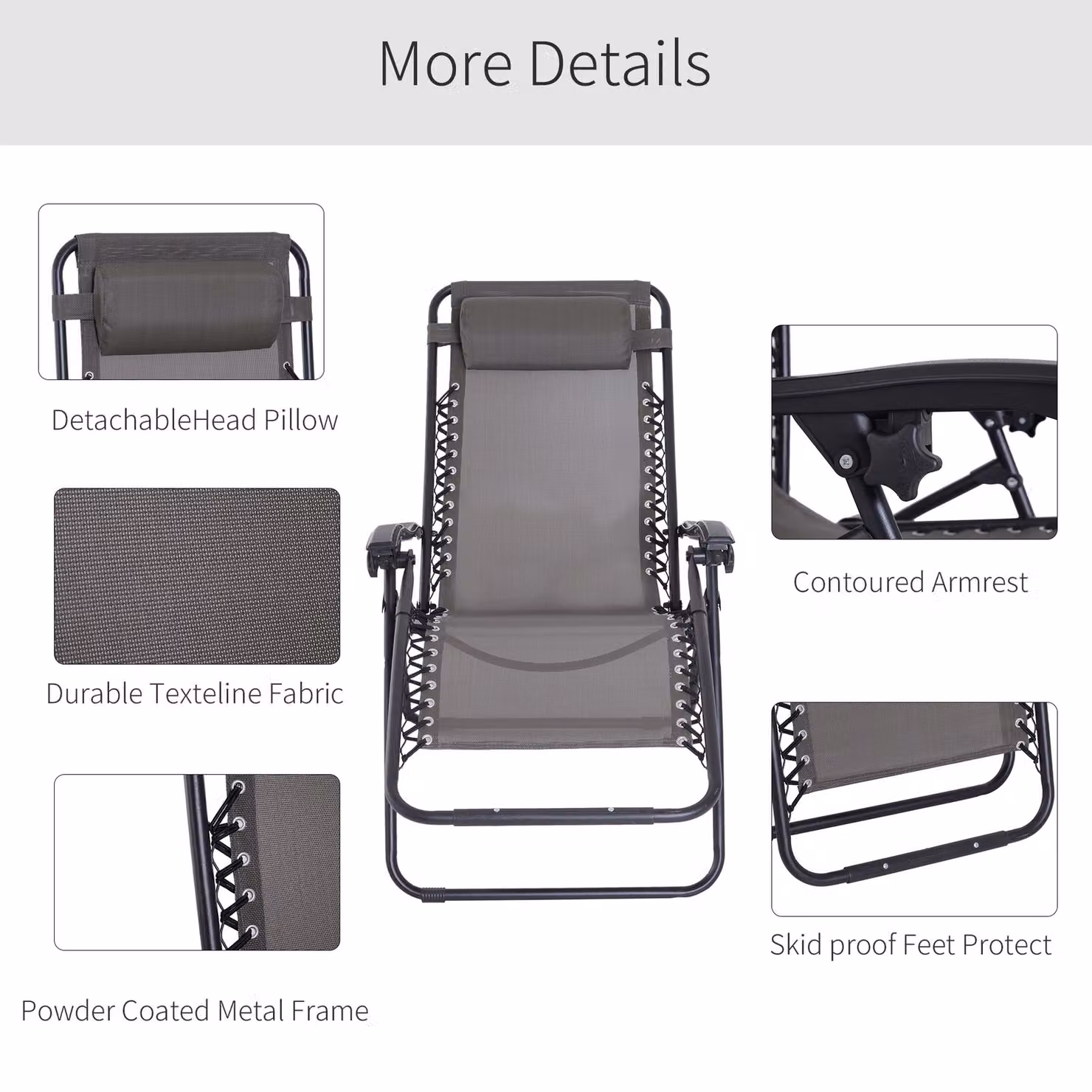 Outsunny Set of 2 Grey Zero Gravity Sun Loungers with Metal Frame and Adjustable Headrest – 5