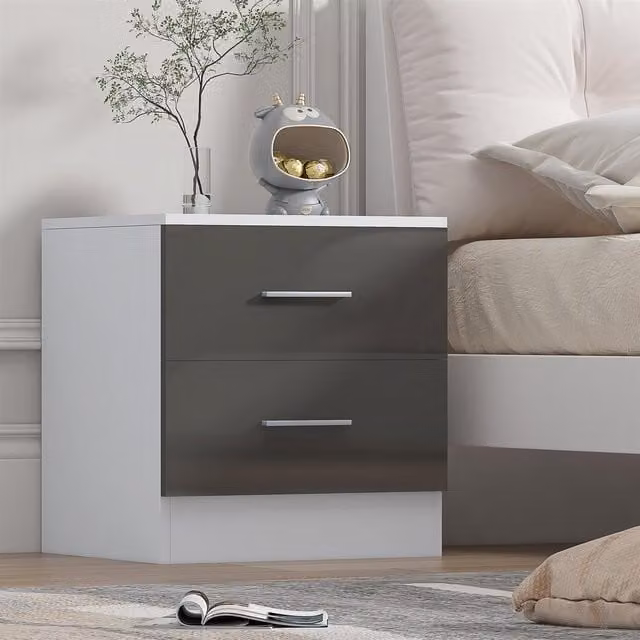 Reflect 2 Drawer Bedside Table in Grey Gloss and Matt White, H 48.5 x W 45 x D 39.5 cm