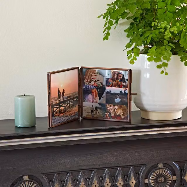 Paper High Antique Brass Reclaimed Glass Folded Double Photo Frame in Copper, Large