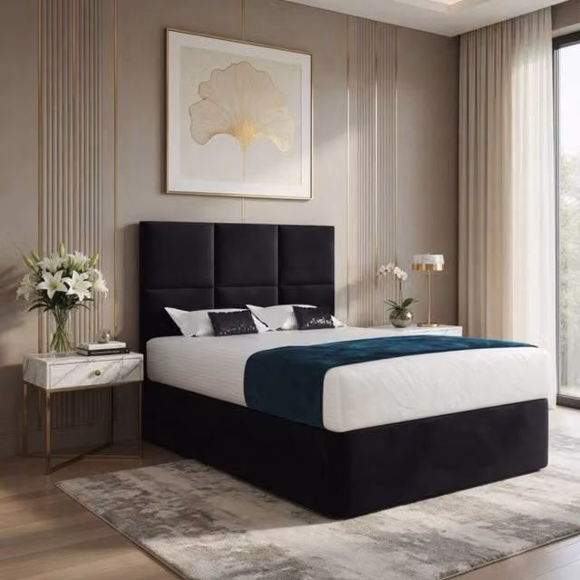 Casani Goostrey Small Single Black Velvet Upholstered Divan Bed Frame with Floorstanding Geometric Headboard and Drawers