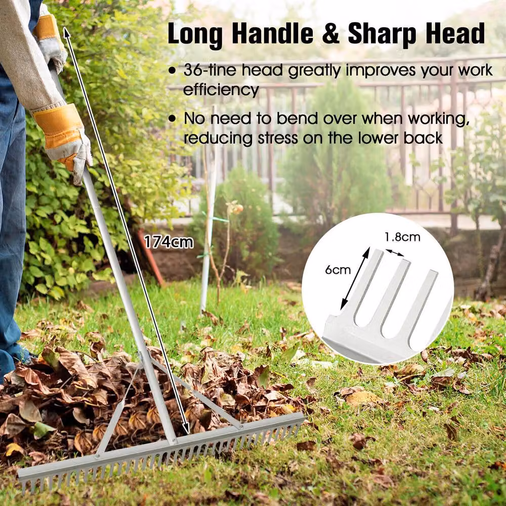 Costway Heavy-Duty Aluminium Landscape Rake with 36 Tines in Silver – 4