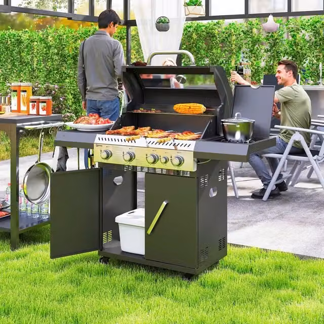Outsunny 4-Burner Portable Gas BBQ Grill with Clear View Lid and Side Burner in Black
