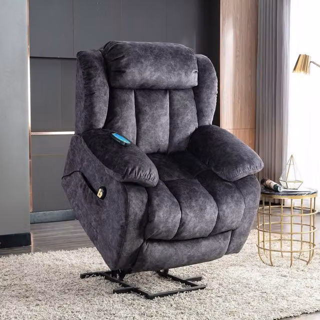 Matteo Grey Fabric and Velvet Power Lift Recliner Chair with Massage and Heat – 1