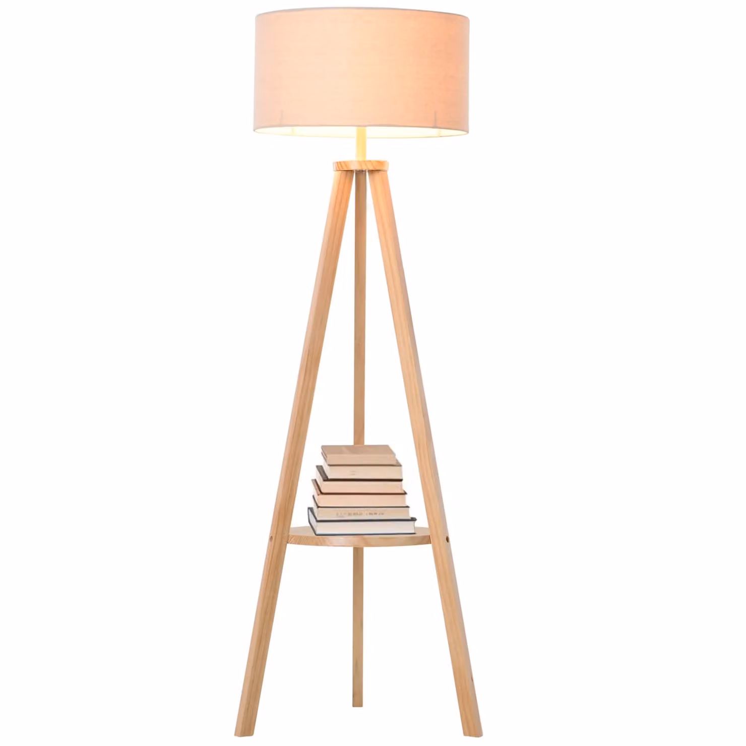 HOMCOM Modern Tripod Floor Lamp with Fabric Cylinder Shade and Wood Storage Shelf in Beige – 3