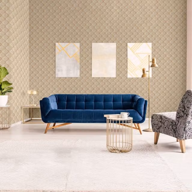 SK Filson Sahara Nights Diamond Trellis Wallpaper in Grey, Orange and Gold