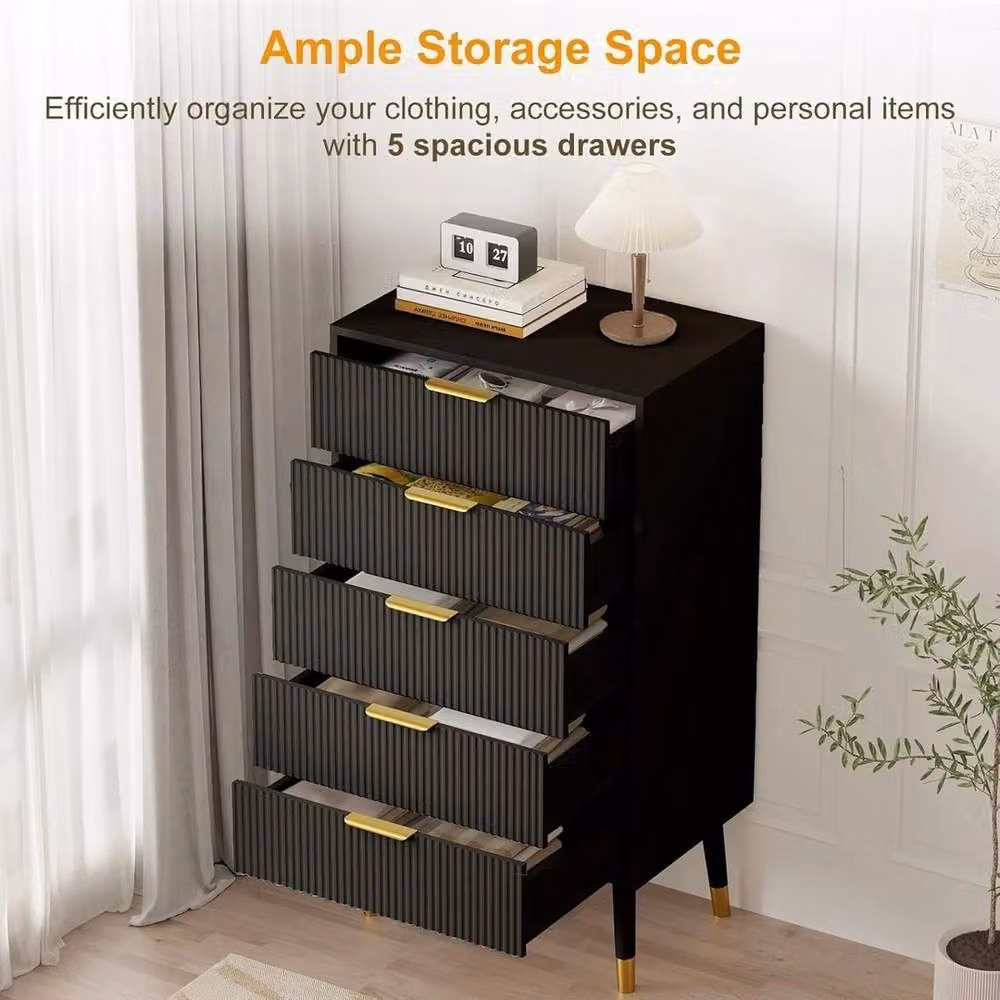 VOGREX 5-Drawer Tall Dresser in Black with Gold Metal Handles – 5