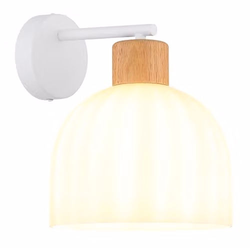 Globo Lighting White Matt Metal and Brown Wood Wall Light with Opal Glass Dome Shade, H 24.0 cm x W 20.0 cm x D 23.5 cm – 1