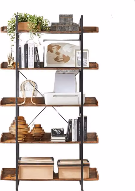 Furnold Industrial 5 Tier Bookcase Storage Shelf Unit in Rustic Brown, H 178 x W 97.6 x D 28 cm