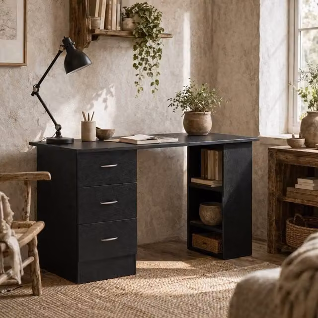 Wyld Haus Tonosa Black Wooden Writing Desk with 3 Shelves and 3 Drawers, Width: 120 cm – 1