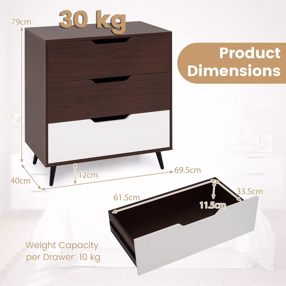 Gymax Modern 3-Drawer Wooden Dresser and Nightstand with Metal Legs in Brown – 2