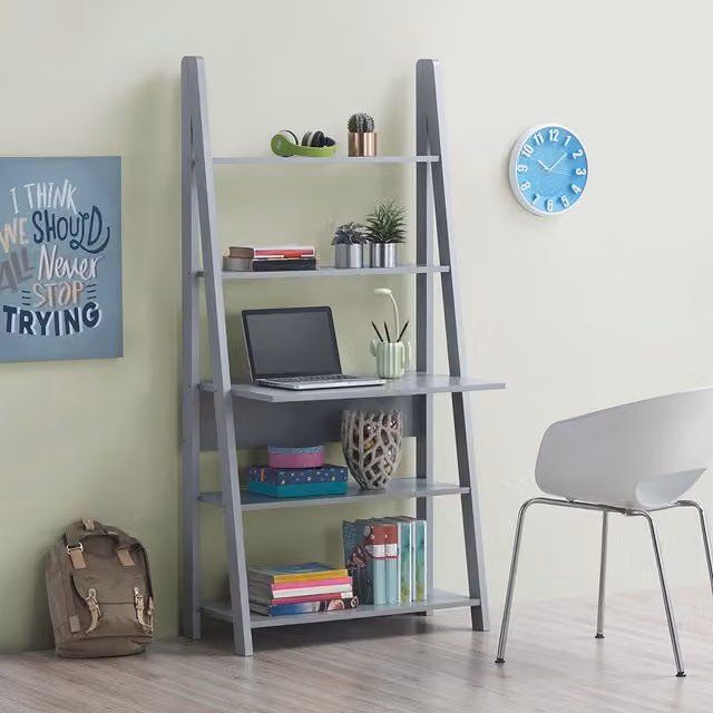 Timber Art Design Riva Ladder Desk Bookcase with 5 Tiers in Light Grey – 1