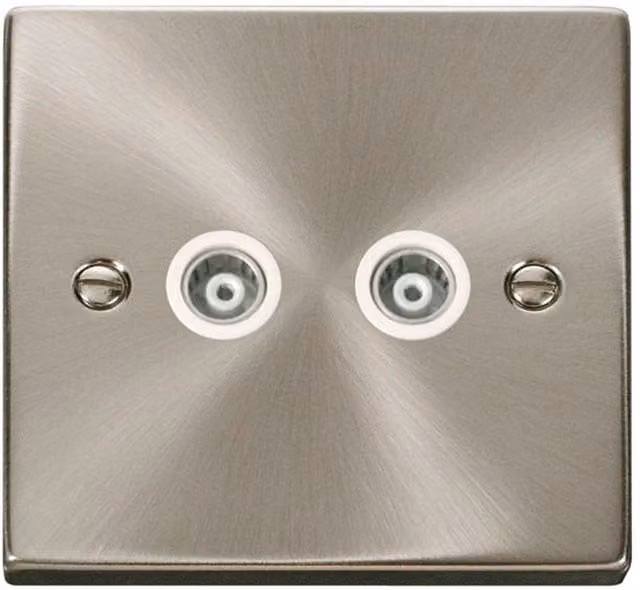 SE HOME Satin Brushed Chrome Twin Isolated Coaxial Socket with White Plate