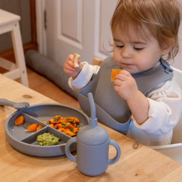 Tiny Dining Silicone Baby Sippy Cup with Soft Spout, 120ml, Blue and Grey