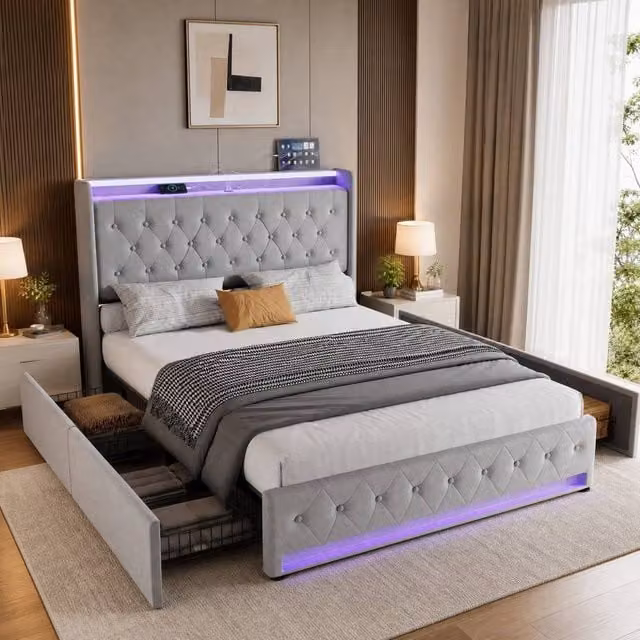 STILVORA Double Bed Frame with Storage Drawers, Grey Velvet, W/D/H: 140 x 200 x 135 cm