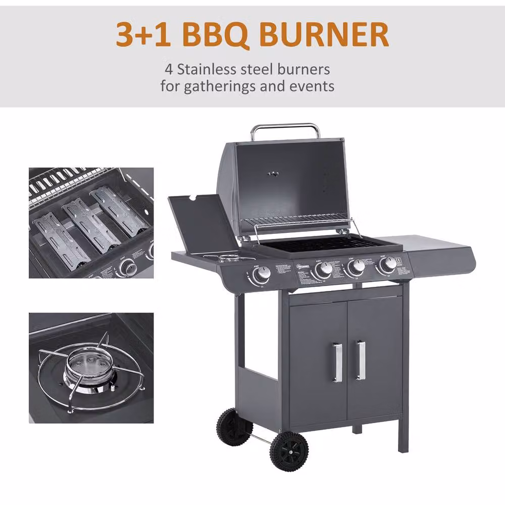 Rolipo 3+1 Burner Gas BBQ Grill Trolley with Cabinet and Side Burner in Grey – 5