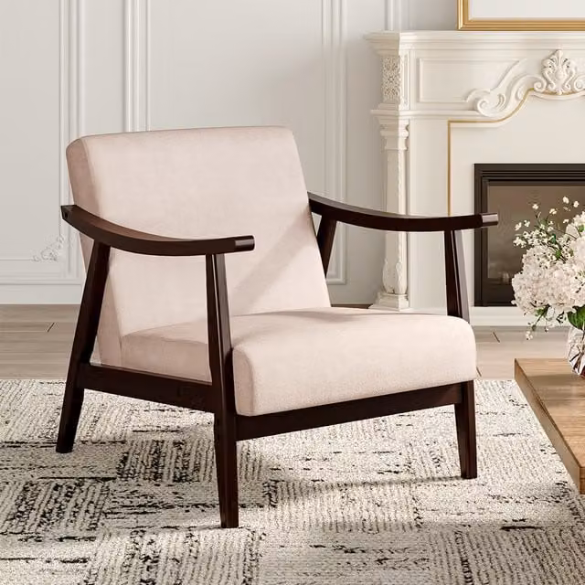 Livingandhome Classic Single Fabric Armchair with Solid Wood Frame in Beige