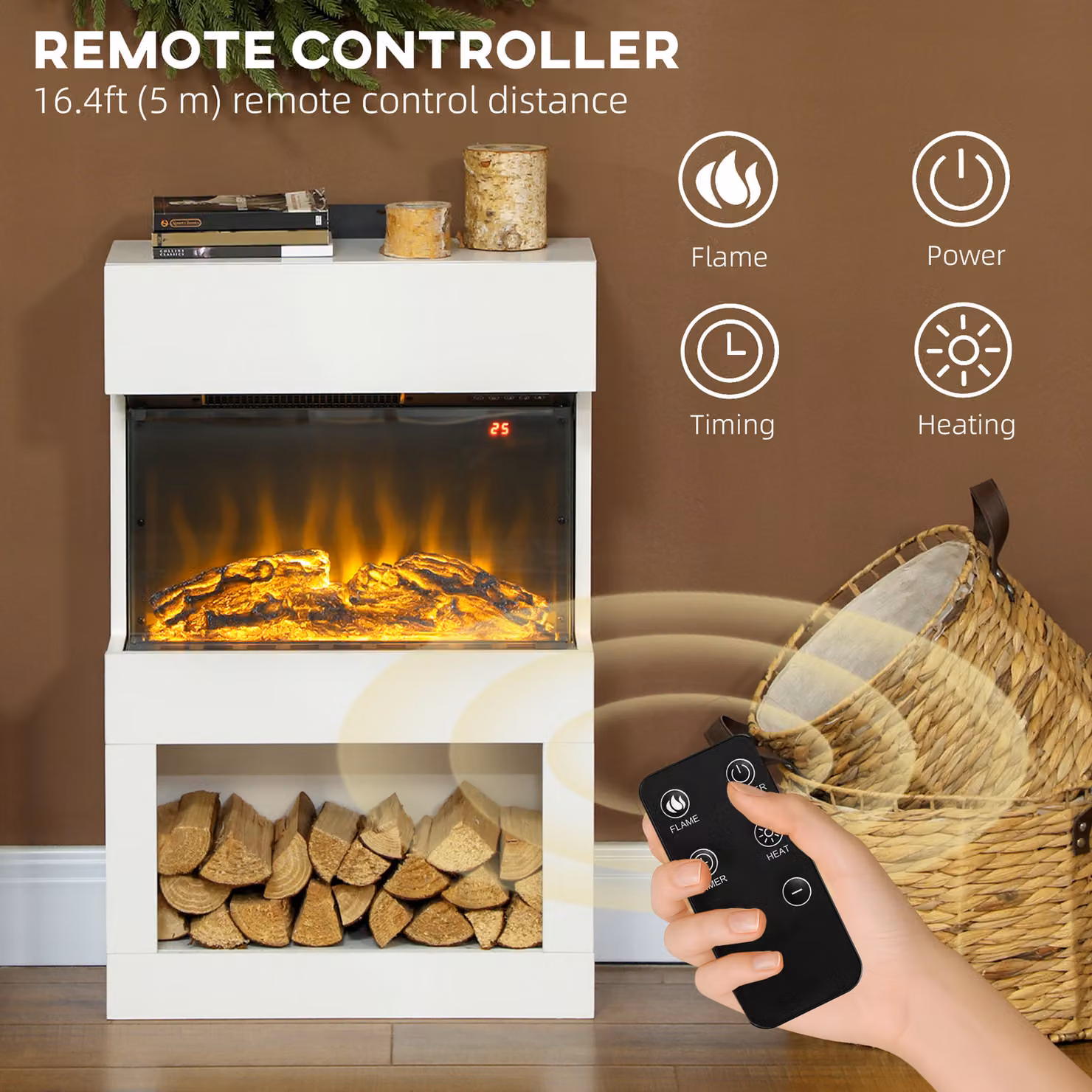 HOMCOM White Electric Fireplace with 3D Flame Effect, 6 Colours, 3 Brightness Levels and 3-Sided View – 6