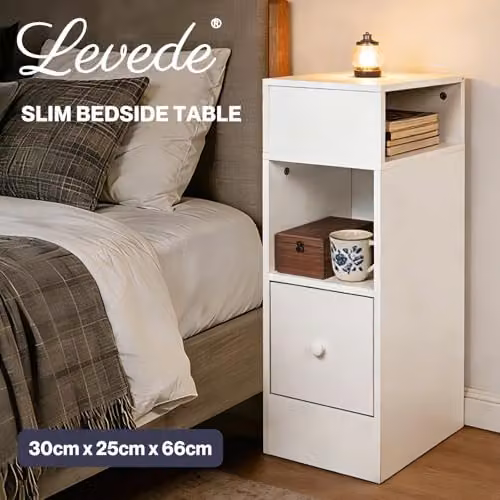 Levede Slim White Bedside Table with Drawer and Two Open Shelves, W/D/H: 25 x 30 x 66 cm – 6