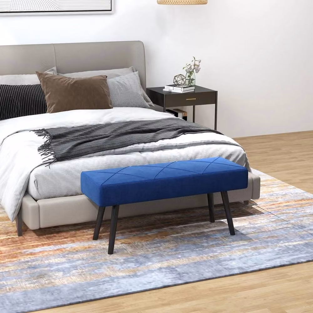 Havendro Blue Velvet Upholstered End of Bed Bench with Metal Legs, W: 120 cm, D: 45 cm, H: 36 cm – 3