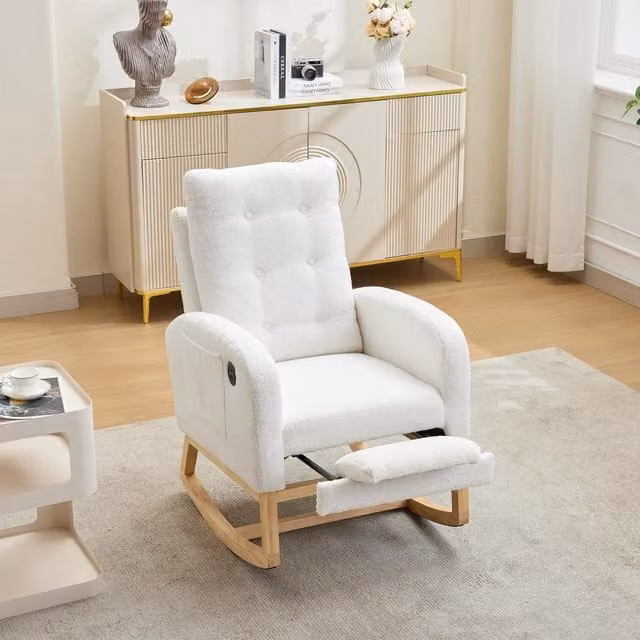 Aosom UK ModernLuxe Rocking Chair with White Teddy Bouclé Fabric Upholstery and Side Pocket, W/D/H: 121.5 x 66.5 x 102 cm