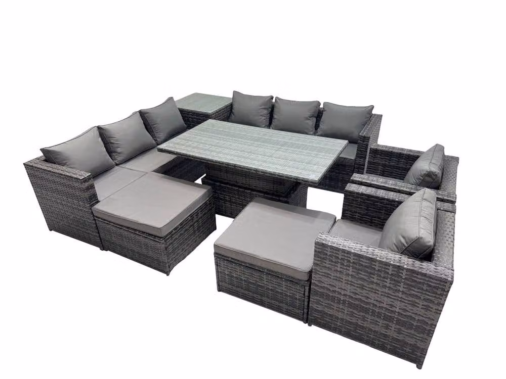 Fimous 10 Seater Outdoor Garden Rattan Furniture Set with Side Table and 2 Stools in Dark Grey – 2