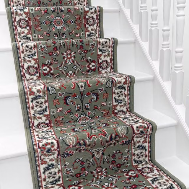 runrug Traditional Stair Runner Carpet in Green, W: 60 cm, L: 630 cm
