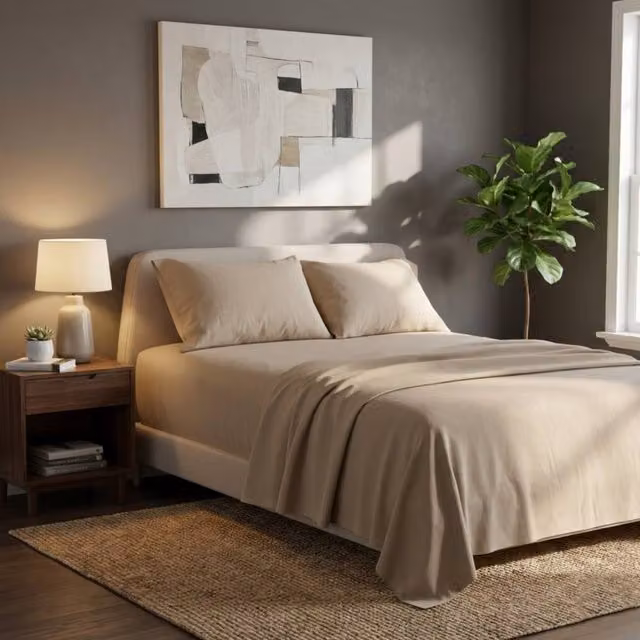 Snug City Plain Brushed Cotton Flannelette Fitted Sheet and Matching Pillowcase Set, Beige, Super King – 1