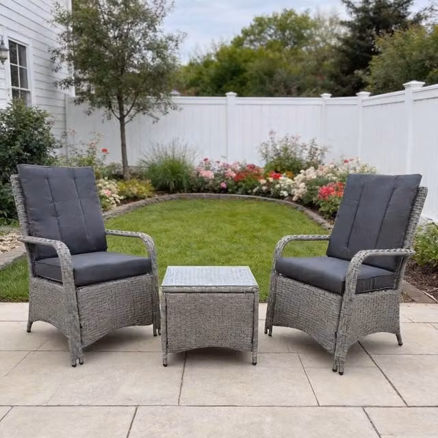 FURNITURE ONE 3 Piece Grey Rattan Outdoor Bistro Set with Coffee Table