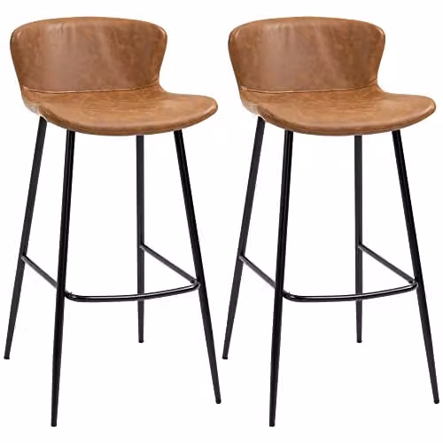 HOMCOM Set of 2 Brown PU Leather Upholstered Bar Stools with Backs and Metal Legs – 1