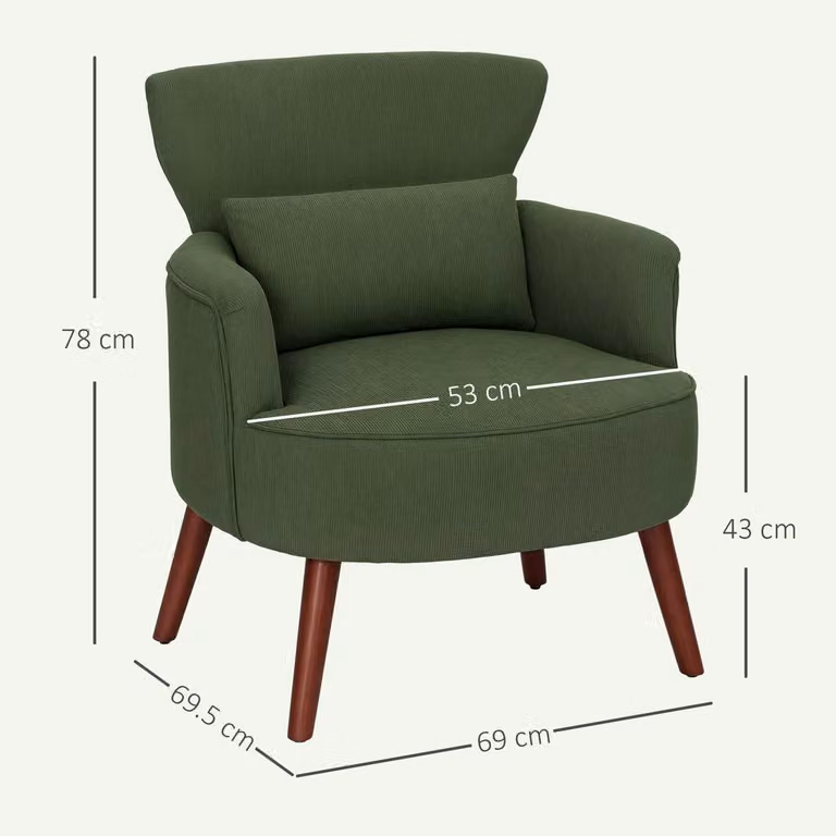 ERGOVEXA Retro Corduroy Tub Accent Chair in Green with Solid Wood Frame, W/D/H: 78.0 x 69.0 x 69.5 cm