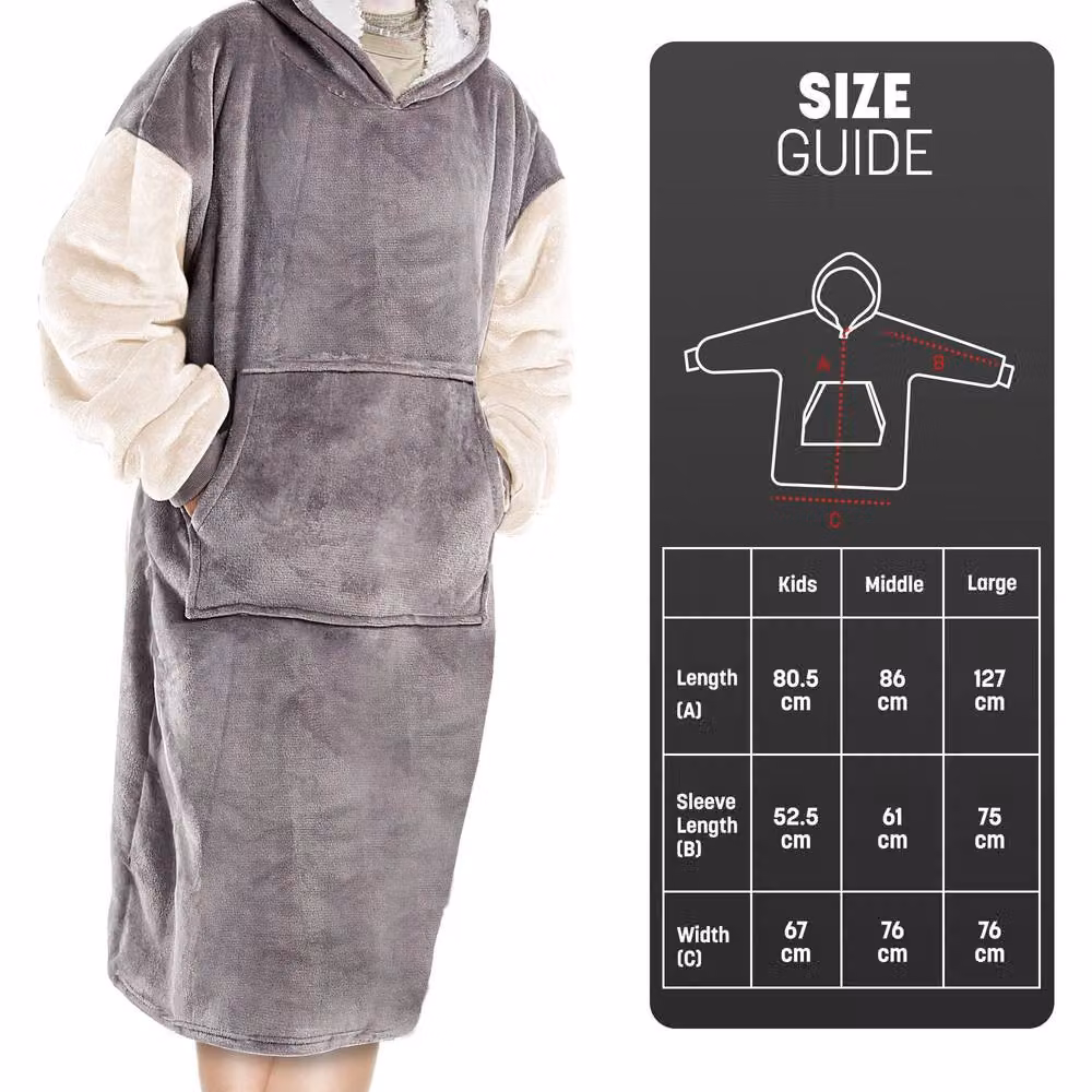 Keplin Oversized Fleece Blanket Hoodie with Hood and Sleeves in Grey and White, W: 127 cm, D: 152 cm – 2