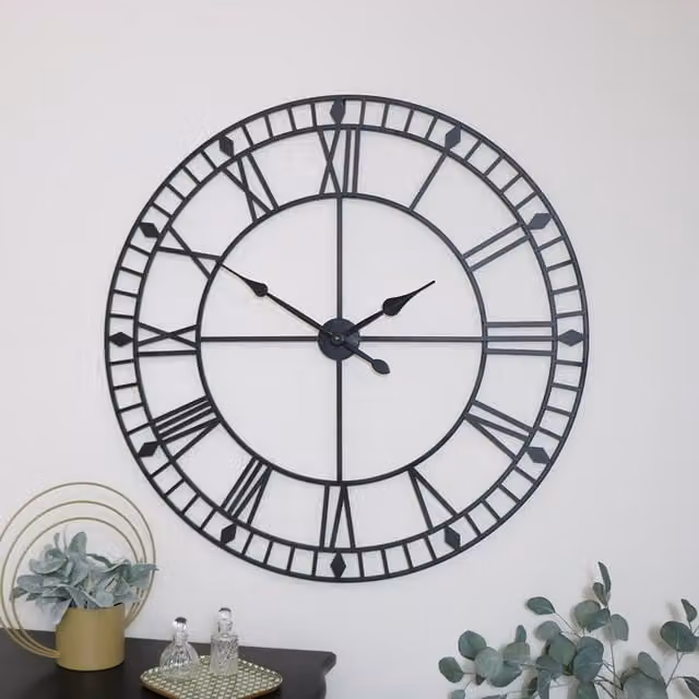 Melody Maison Extra Large Industrial Metal Skeleton Wall Clock, Black, W/D/H: 100 x 100 x 1 cm