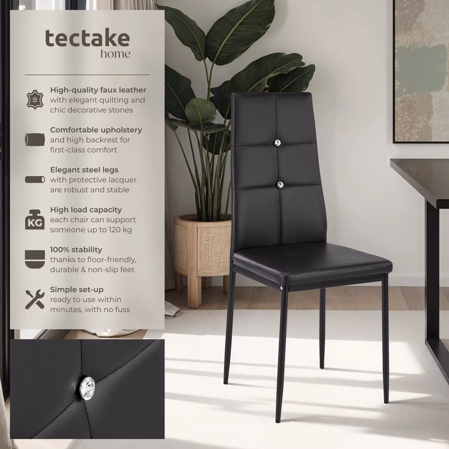tectake Julien Set of 6 Modern Dining Chairs in Black Synthetic Leather – 2
