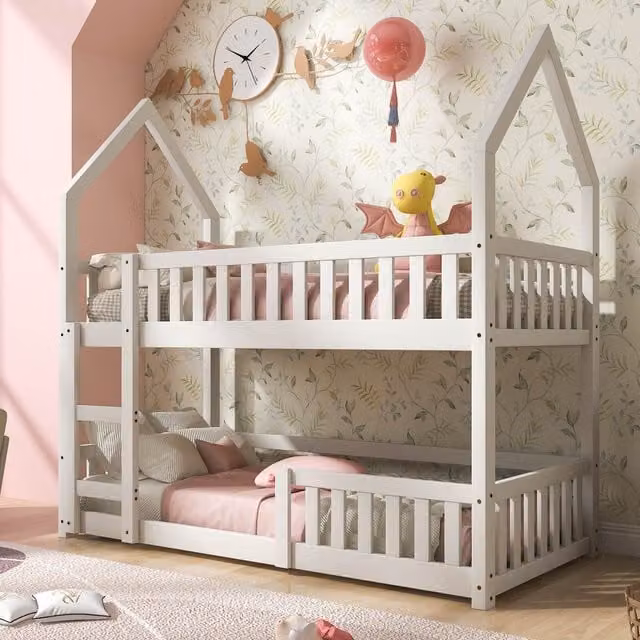 Matteo Solid Wood Bunk Bed with Twin Sleeper and Ladder in White, W/D/H: 90 x 190 cm