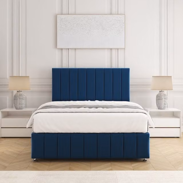 BSSPOKE Sierra Plush Velvet Divan Bed Set with 24 inch Headboard and Mattress in Blue, W/D/H: 140 x 200 cm