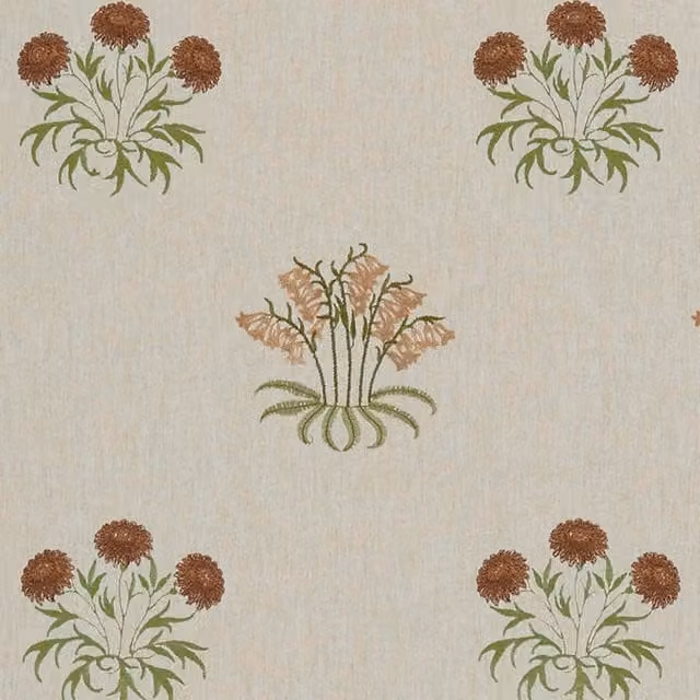 William Morris At Home Lily Flower Embroidered Fabric in Madder Orange and Beige