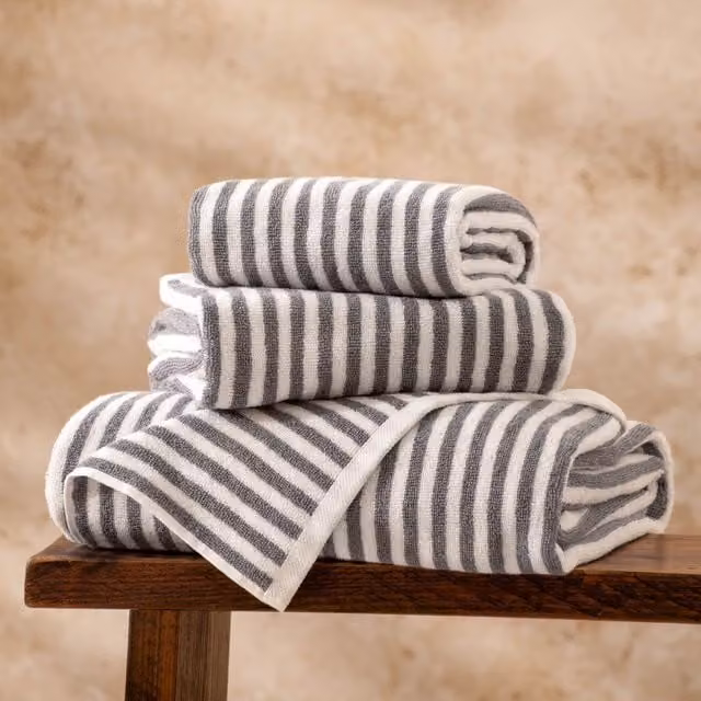 Yard Hebden Fluffy Striped Cotton Towel in Grey and White
