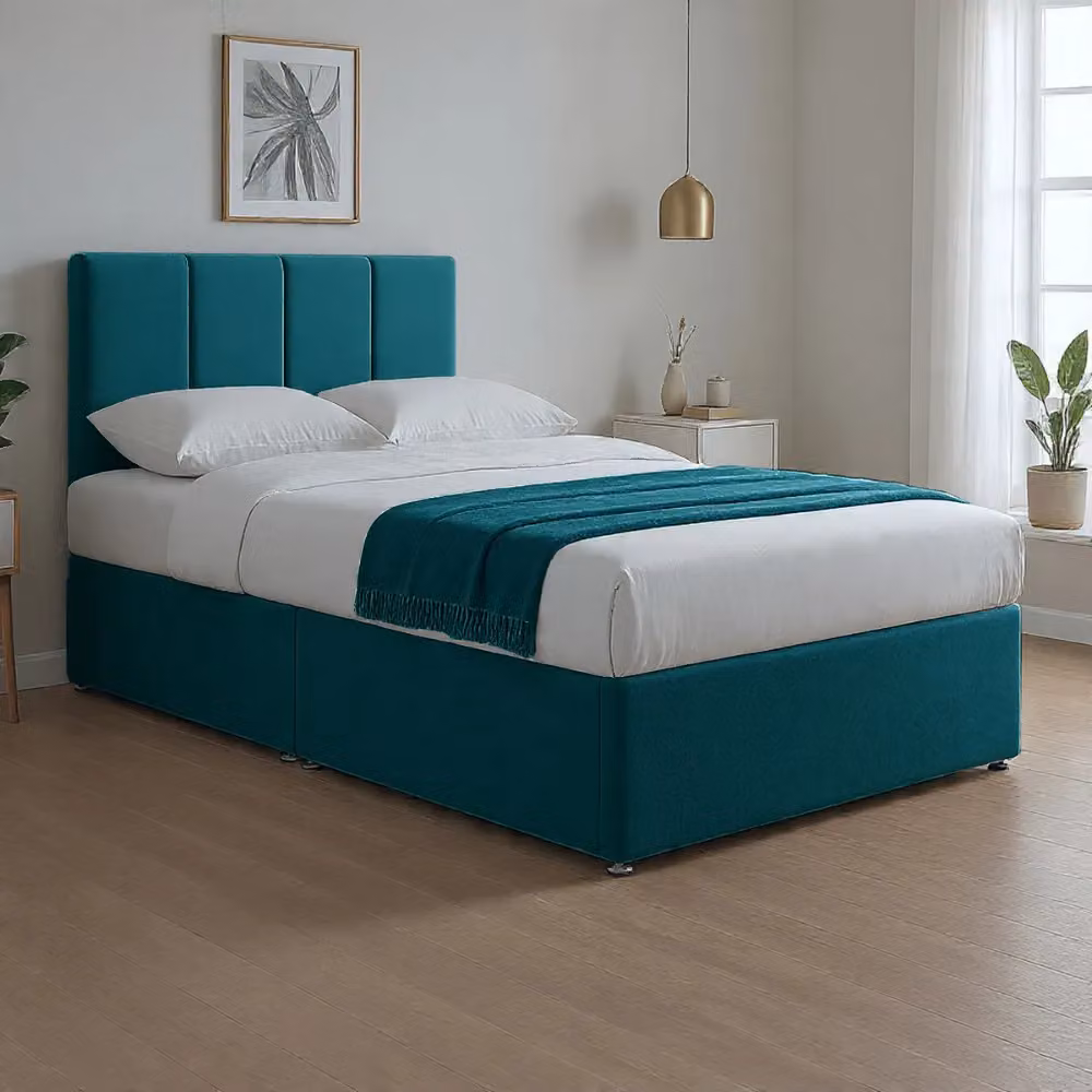 Bed Time UK Plush Divan Bed with Hybrid Mattress, 20 Inch Vertical Line Headboard and 2 Drawers, Petrol, W/D/H: 200 x 200 cm – 2