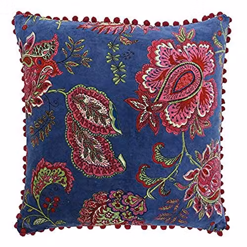 Riva Paoletti Malisa Square Paisley Indian Print Cushion in Smoke Blue with Pink Pompom Edges, W/D/H: 50 x 50 x 50 cm