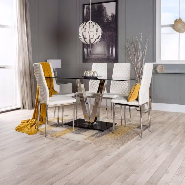 FurnitureboxUK Florini Black Glass and Chrome Metal Dining Table and 6 White Milan Dining Chairs Set