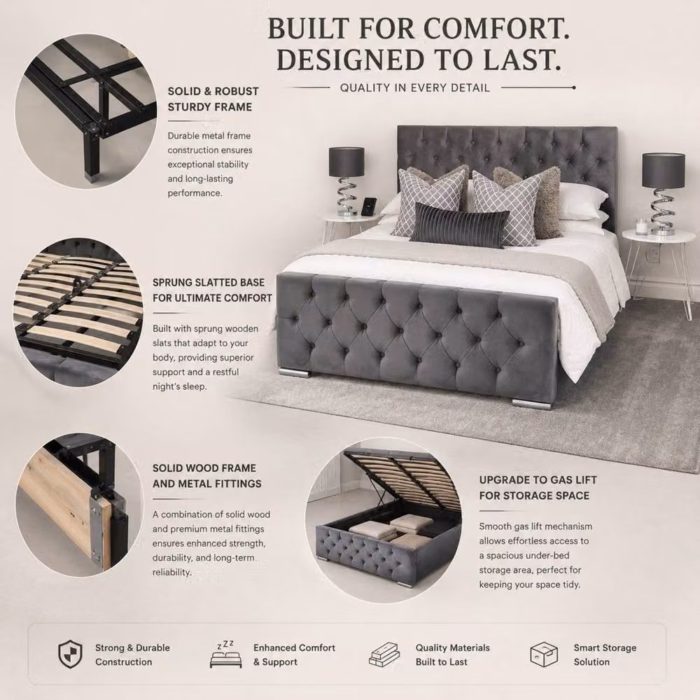 Stratus Interiors Florida Diamond Pattern Grey Velvet Upholstered Super King Bed with Gas Lift Ottoman Storage W/D/H: 200 x 200 cm – 2