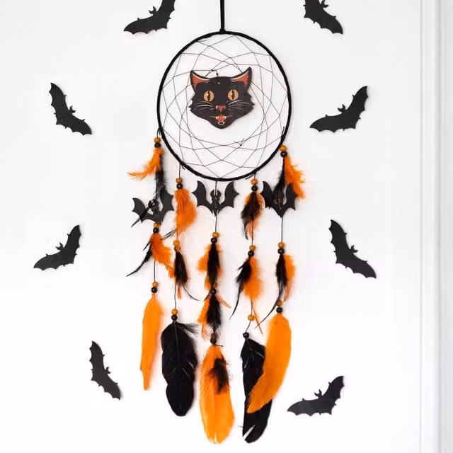 Uniqueful Black Cat Halloween Dreamcatcher in Black, Orange and Multicolour, Diameter: 15 cm – 1