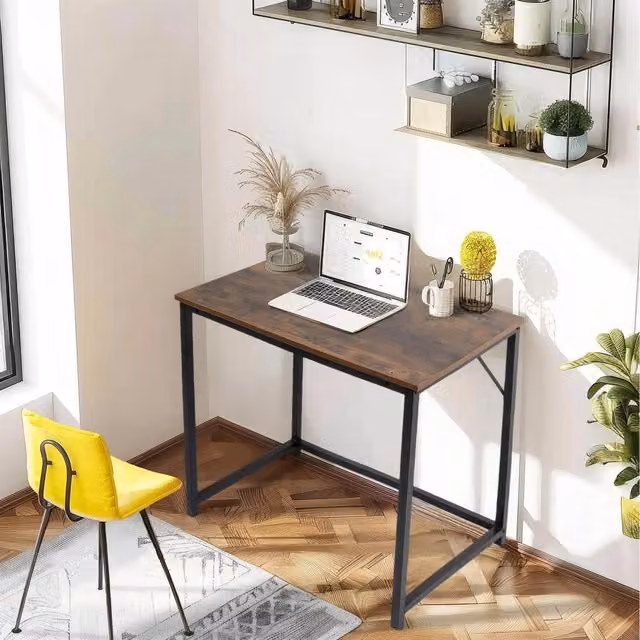 House of Home Rustic Small Writing Desk with Metal Frame in Brown and Black