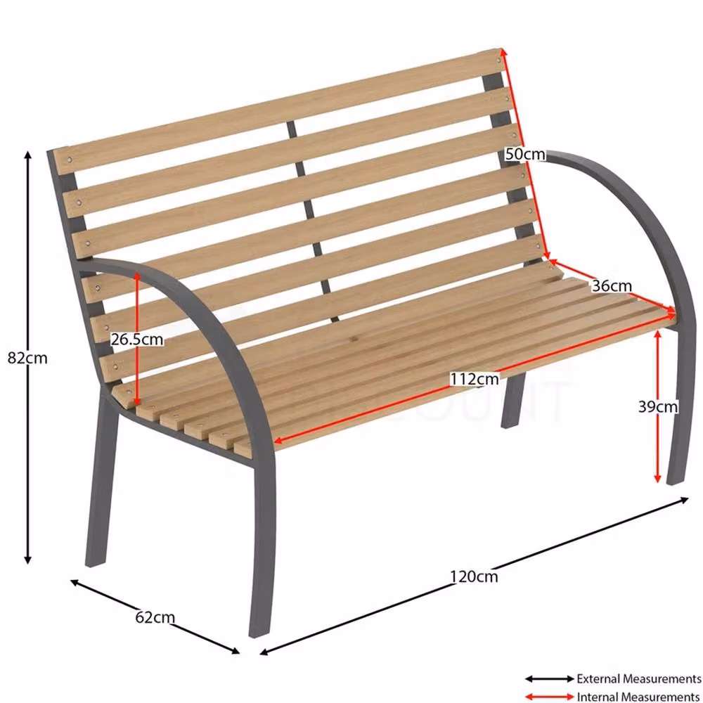 VOGREX 3-Seater Slatted Garden Bench in Brown Pine Wood and Metal – 2