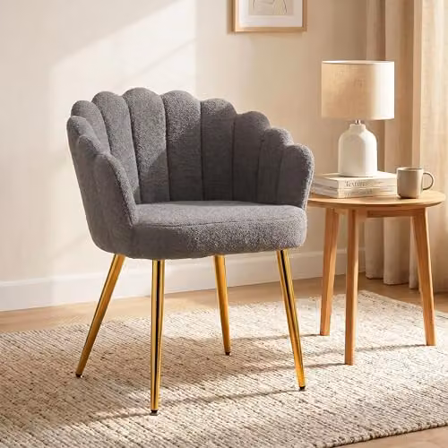 HOMCOM Modern Shell Lounge Chair with Armrests in Grey Bouclé Fabric and Metal Frame, W/D/H: 79 x 61.5 x 56 cm – 1
