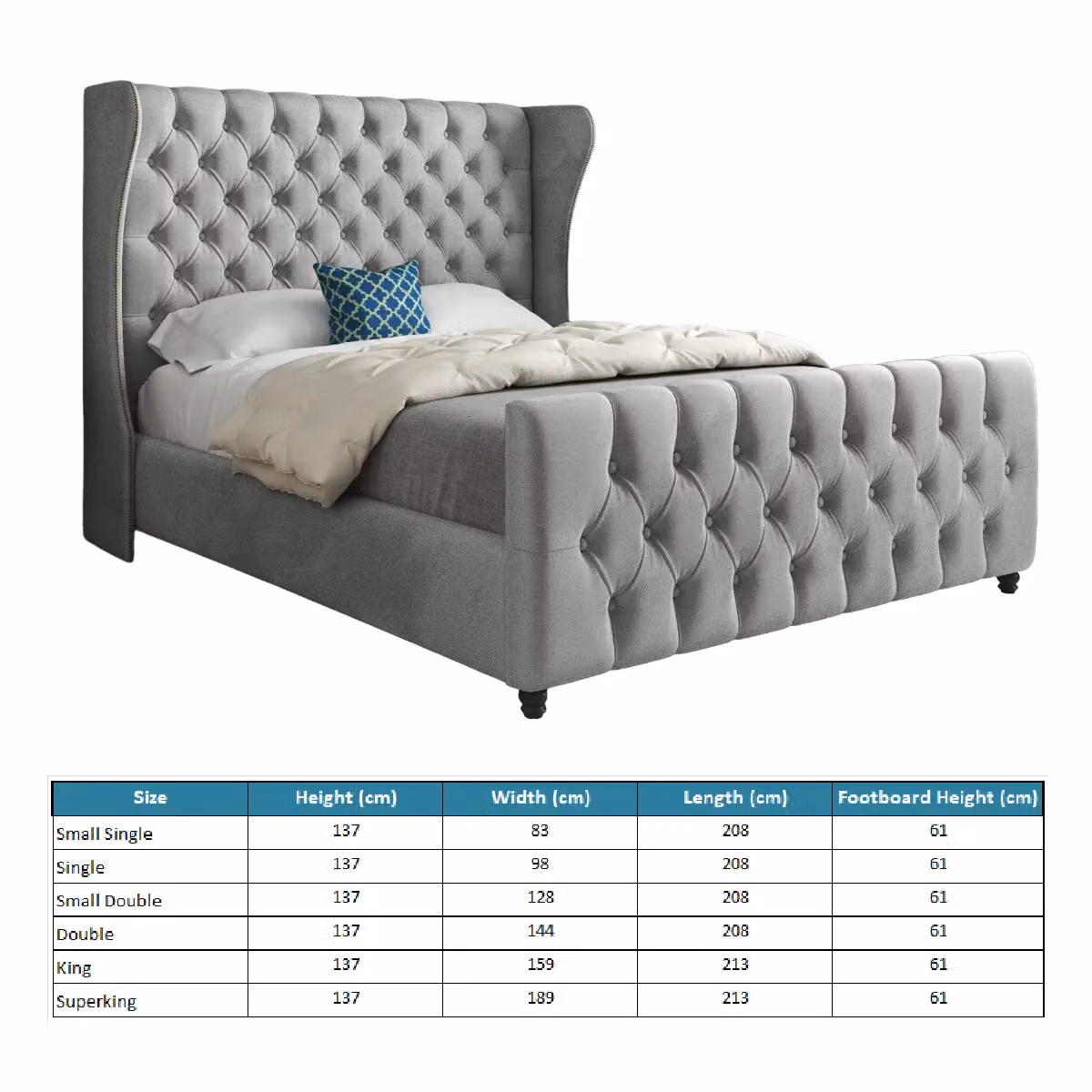 Casani Upholstered Chesterfield Bed Frame in Grey Velvet, W/D/H: 140 x 200 cm – 5